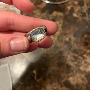 Bold Silver-Tone Statement Ring with Clear Emerald-Cut Faceted Gem